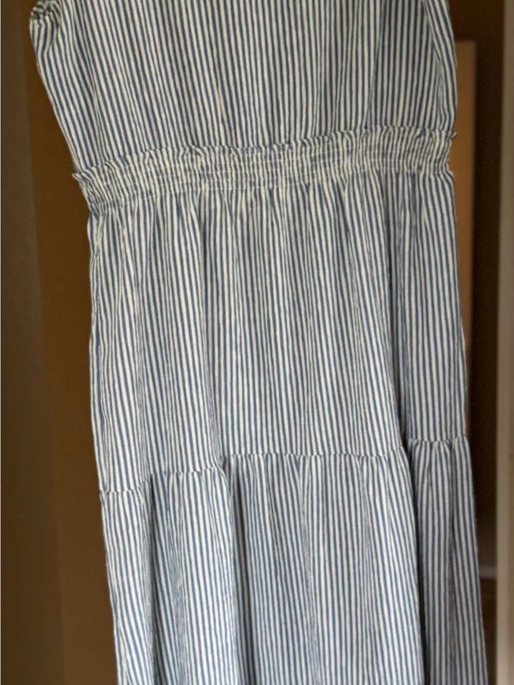 Seersucker Blue Striped Sleeveless Ruffle Midi Dress - NWT - Picture 2 of 6